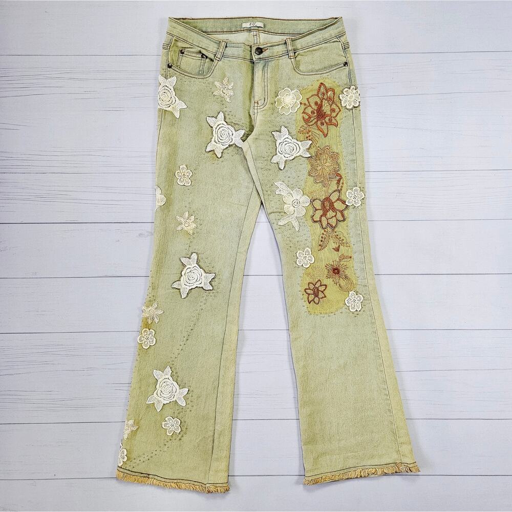 Euro Jeans Low-Rise Flared Beaded Embroidered Fairycore - Size 30